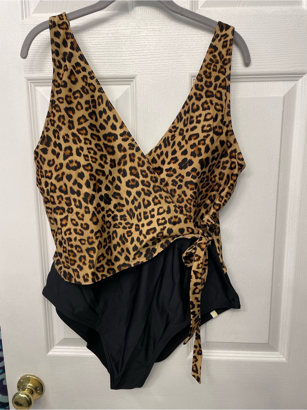 Summersalt Leopard Print Wrap One-Piece Swimsuit in Black and Tan